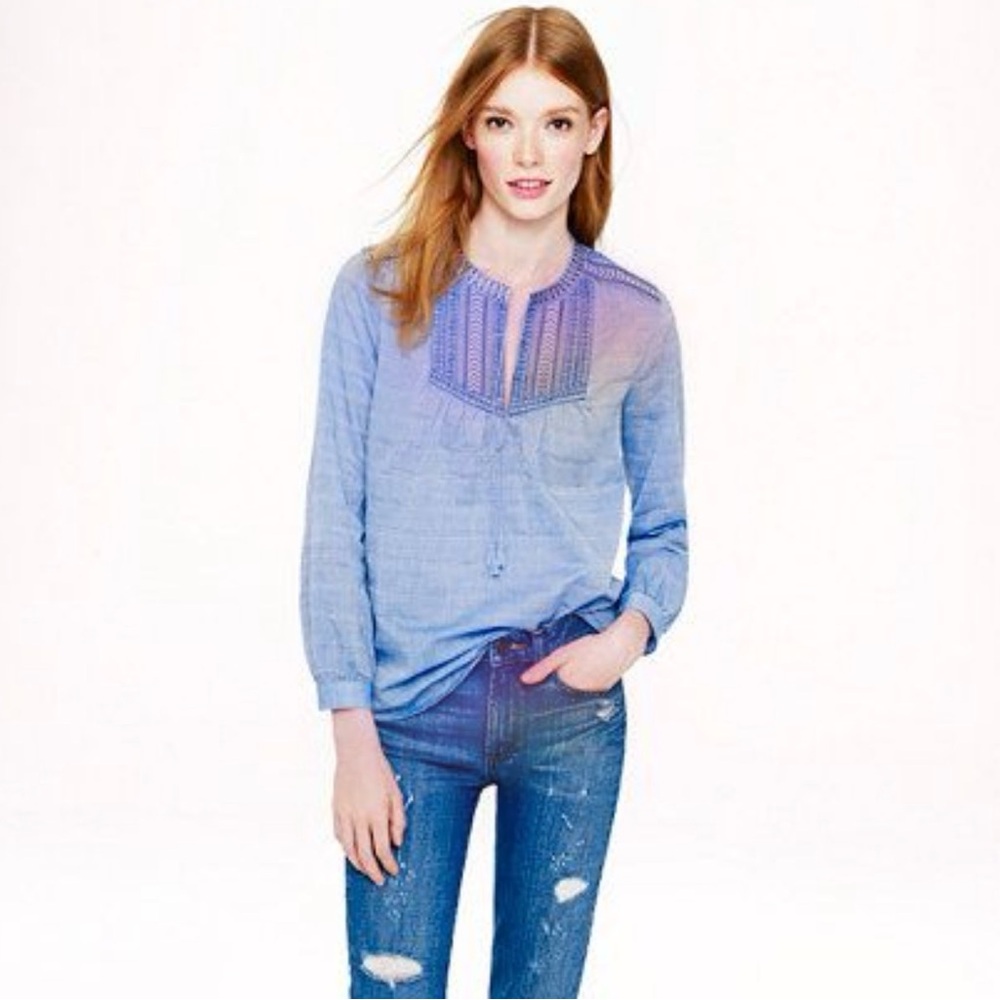 J. Crew Blue Cotton Embroidered Peasant Tassel Long sleeve Top